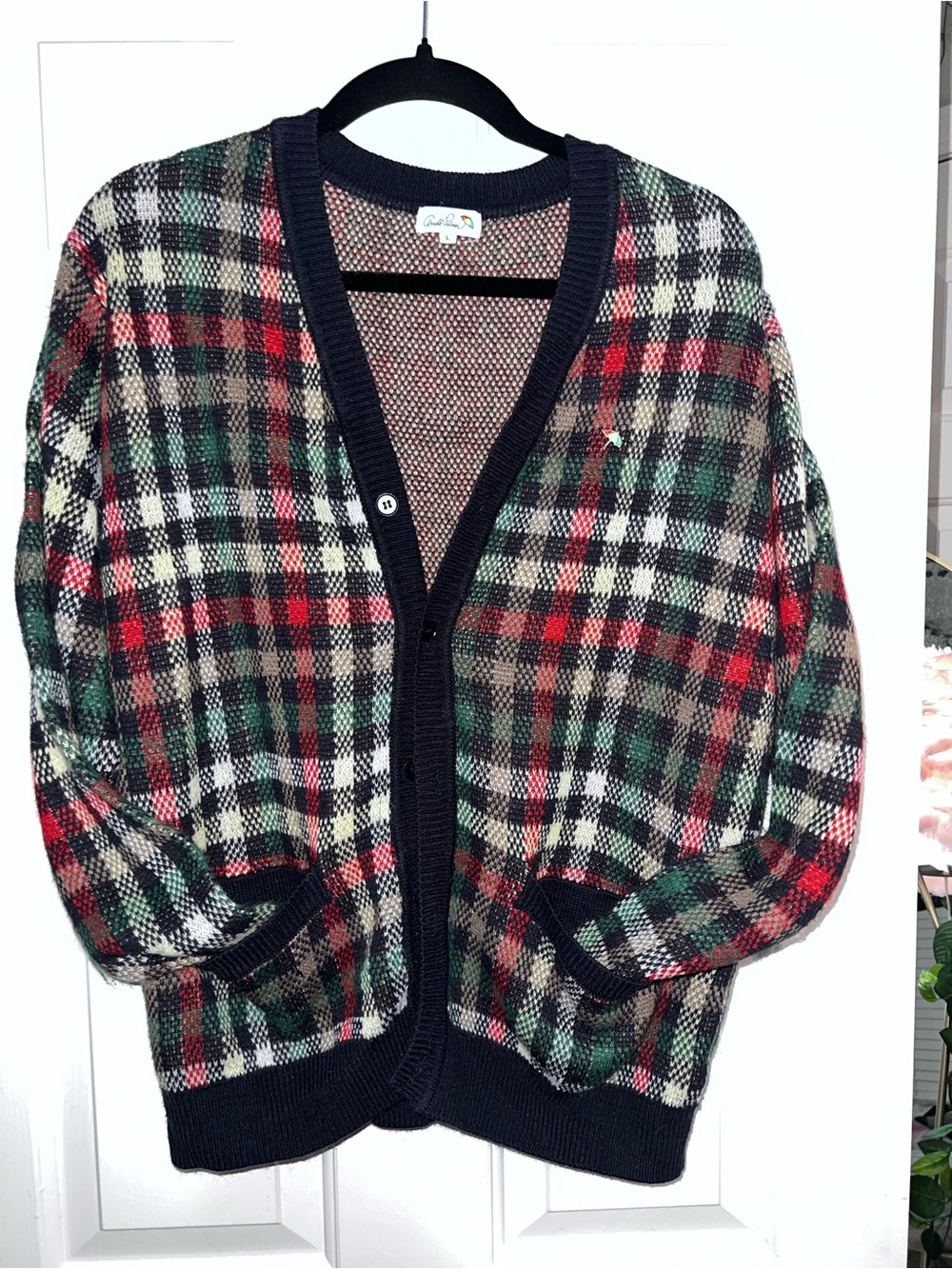 Plaid Wool Blend Cardigan Sweater - Navy Trim, Red & Green Plaid